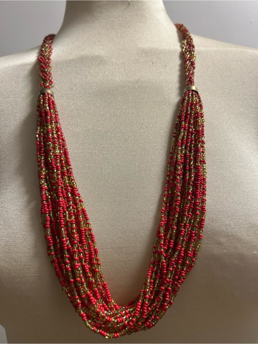 Multi-Strand Red and Gold Seed Bead Necklace